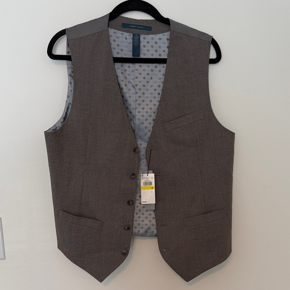 Perry Ellis Mens Slim Fit Suit Vest Gray Micro Check Polka Dot Lining NWT M